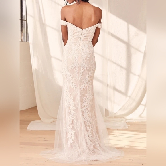 Lulus Promised Love White Beaded Lace Off-Shoulder Mermaid Wedding Dress, Size 4 - Picture 5 of 16